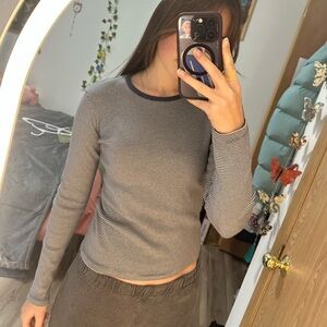 Brandy Melville Navy and White Striped Tee